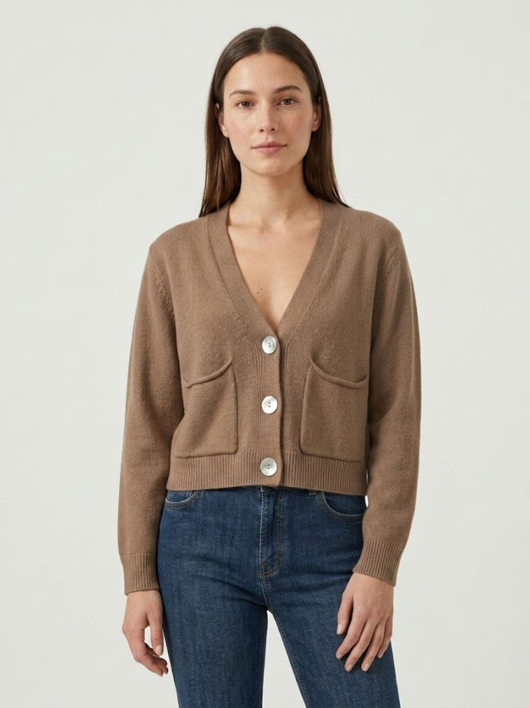 Cardigan cropped in maglia nocciola 057090 0083 BIMOR 