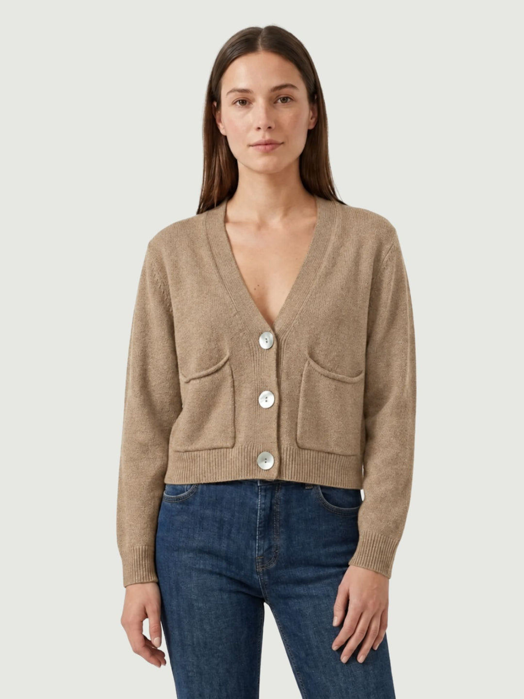 Cardigan cropped Sof in maglia nocciola 057090 0083 BIMOR 