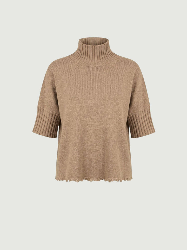 Maglia a lupetto con fondo sfrangiato nocciola 0570995 0083 ANDREA MORANDO 