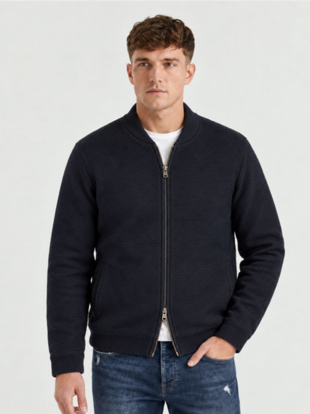 Bomber in maglina con zip in lana navy 6006226 205 ANDREA MORANDO 
