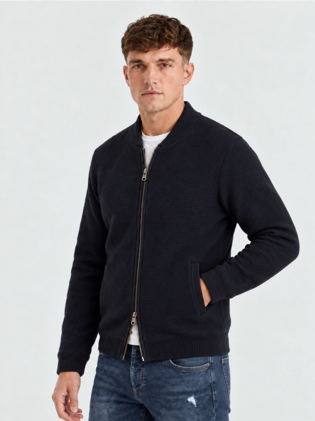 Bomber in maglina con zip in lana navy 6006226 205 ANDREA MORANDO 