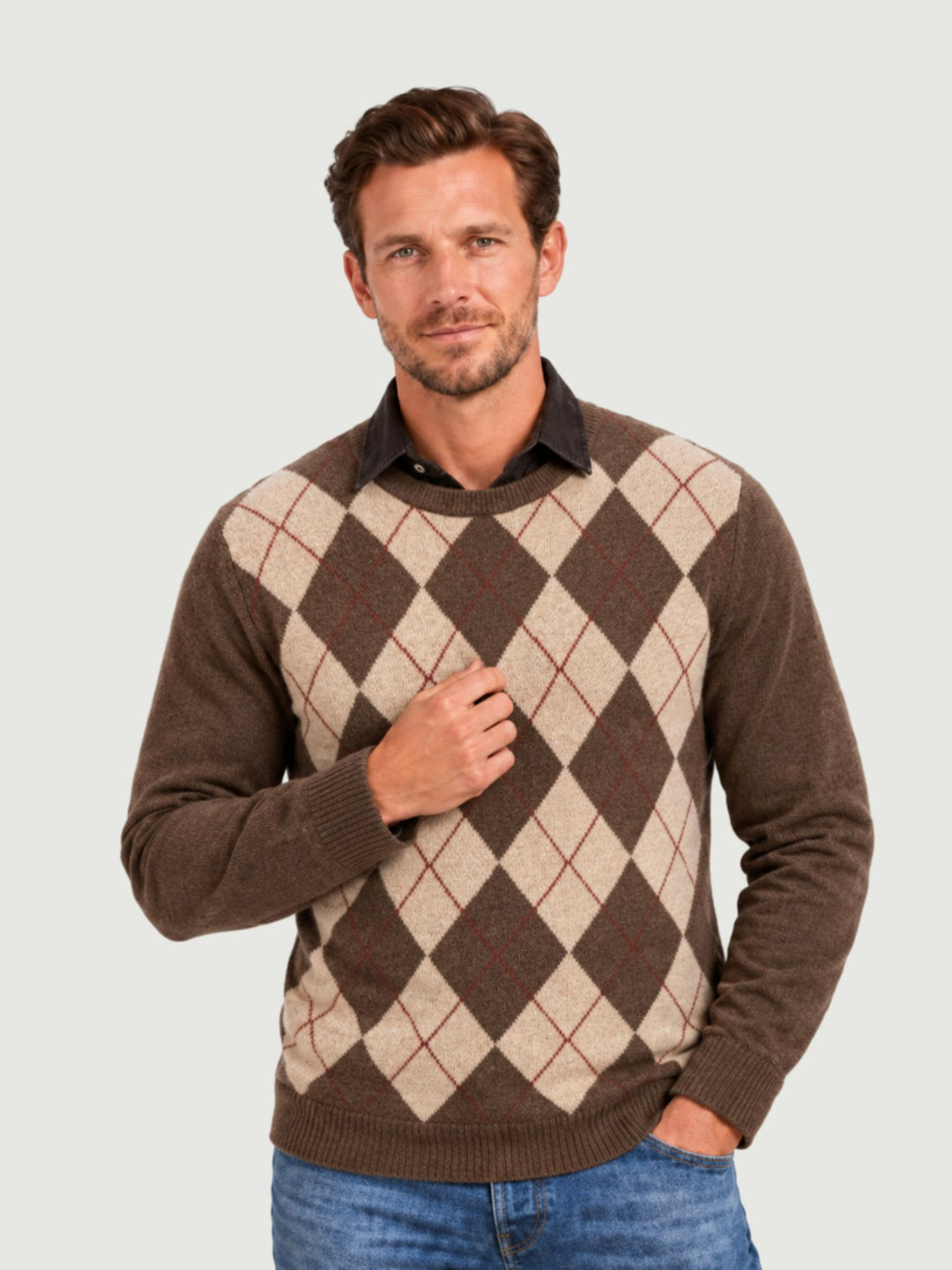 Maglia girocollo argyle in lana beige, moro e rubino 6201226 614 ANDREA MORANDO 