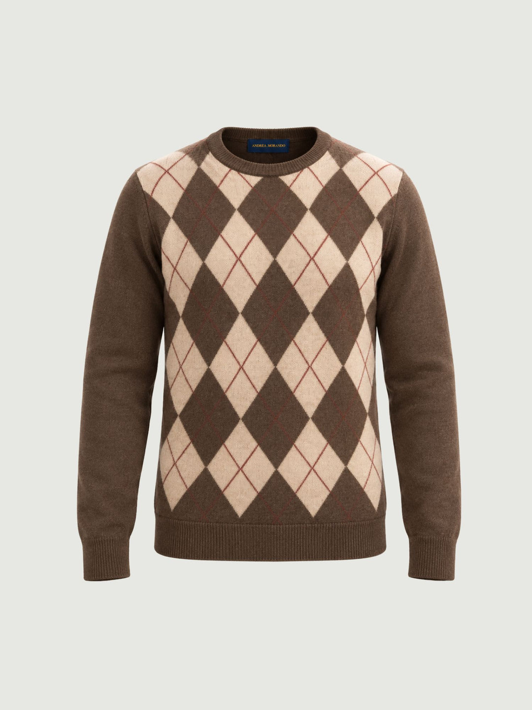 Maglia girocollo argyle in lana beige, moro e rubino 6201226 614 ANDREA MORANDO 
