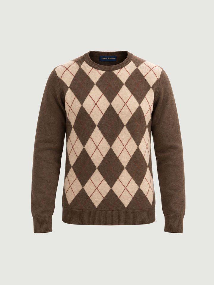 Maglia girocollo argyle in lana beige, moro e rubino 6201226 614 ANDREA MORANDO 