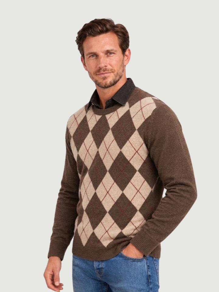 Maglia girocollo argyle in lana beige, moro e rubino 6201226 614 ANDREA MORANDO 