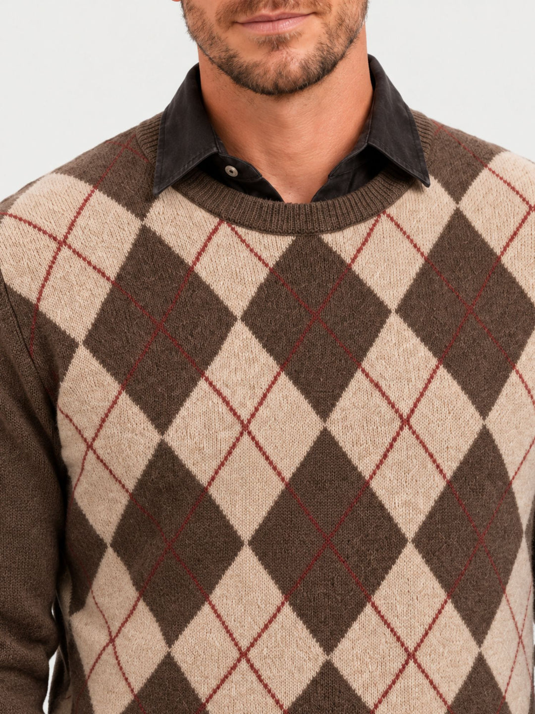 Maglia girocollo argyle in lana beige, moro e rubino 6201226 614 ANDREA MORANDO 