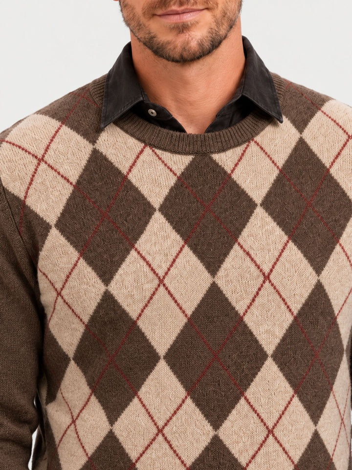 Maglia girocollo argyle in lana beige, moro e rubino 6201226 614 ANDREA MORANDO 