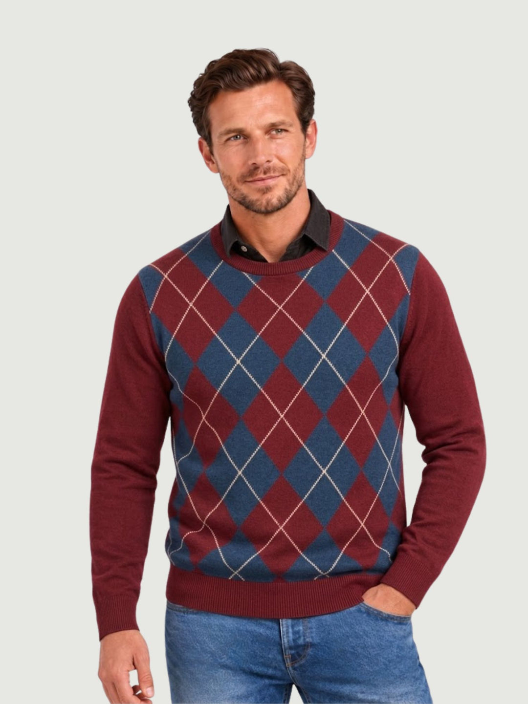 Maglia girocollo argyle in lana rubino, blu e bianca 6201226 702 ANDREA MORANDO 