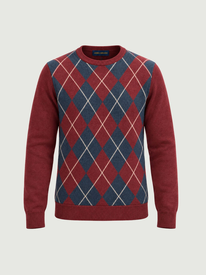 Maglia girocollo argyle in lana rubino, blu e bianca 6201226 702 ANDREA MORANDO 