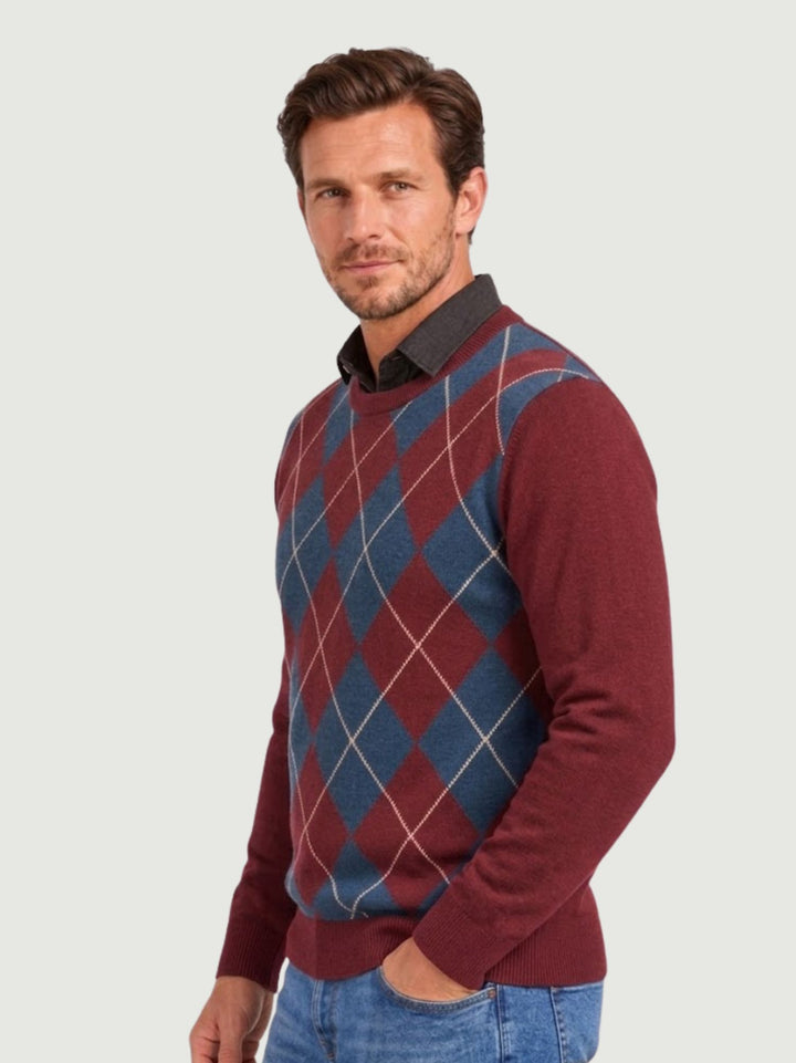 Maglia girocollo argyle in lana rubino, blu e bianca 6201226 702 ANDREA MORANDO 