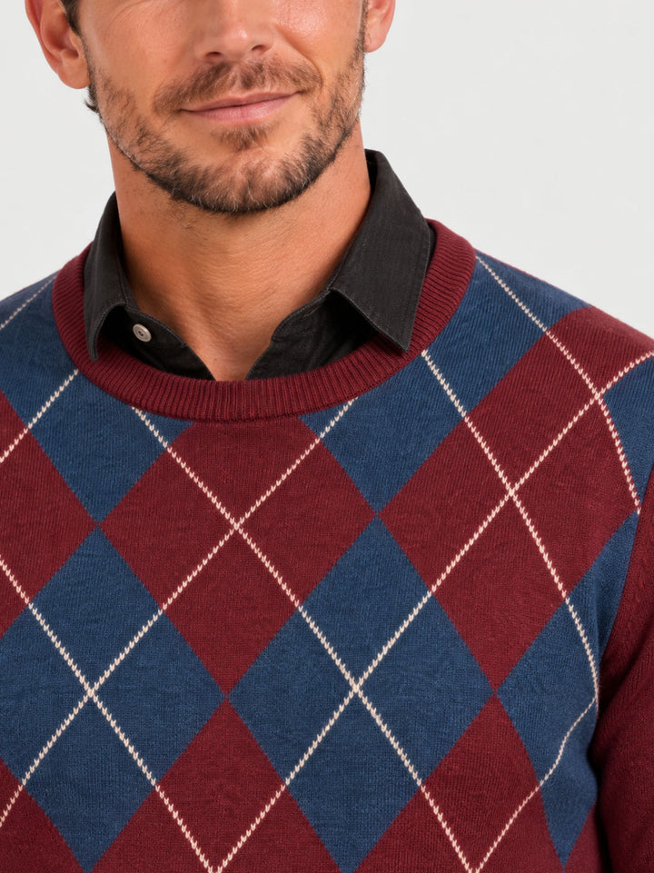 Maglia girocollo argyle in lana rubino, blu e bianca 6201226 702 ANDREA MORANDO 