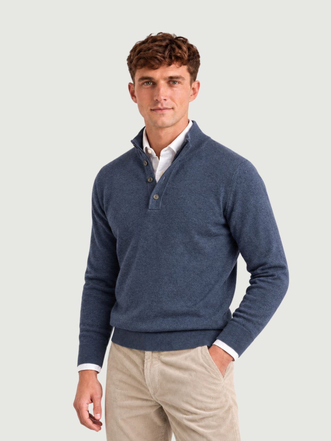 Maglia a lupetto con mezza zip e bottoni in lana e cashmere bluette 6204226 201 ANDREA MORANDO 