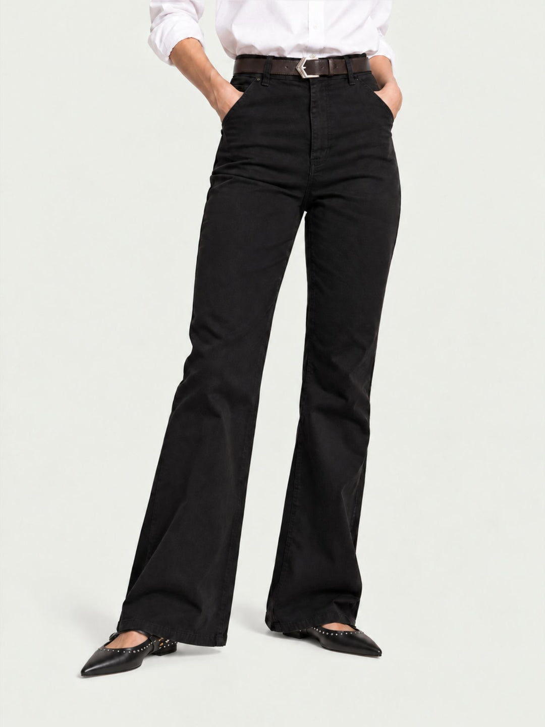 Pantalone a zampa con cintura in cotone nero 5683 NERO ANDREA MORANDO 