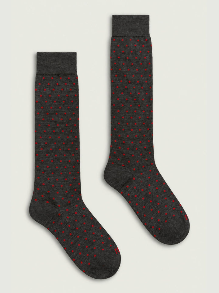 Calze lunghe in lana vergine antracite a pois rossi 63458G V0019 RED 