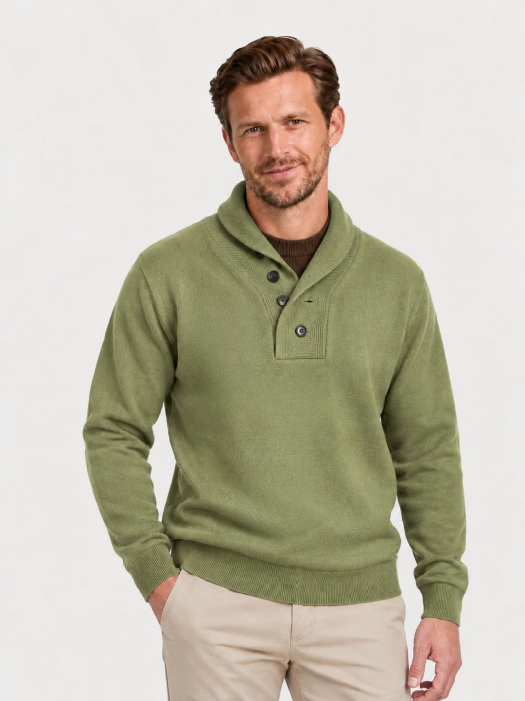 Maglia con scollo sciallato in lana e cashmere salvia 87054 VERDE ANDREA MORANDO 