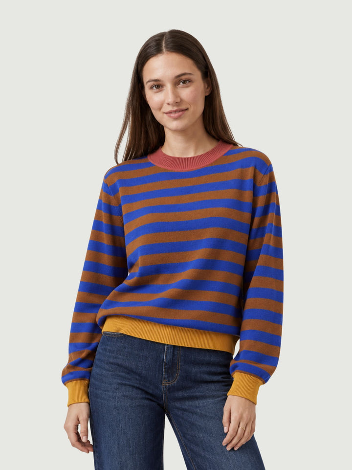 Maglia girocollo a righe orizzontali blu elettrico e marrone 556FUNN231 75 ANDREA MORANDO 