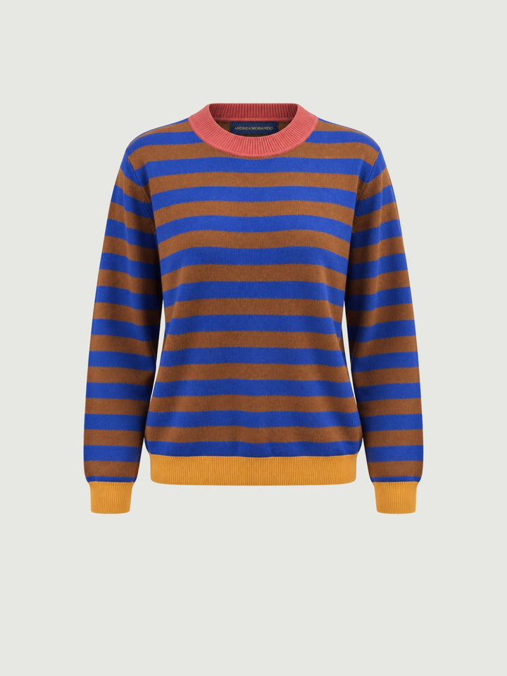 Maglia girocollo a righe orizzontali blu elettrico e marrone 556FUNN231 75 ANDREA MORANDO 