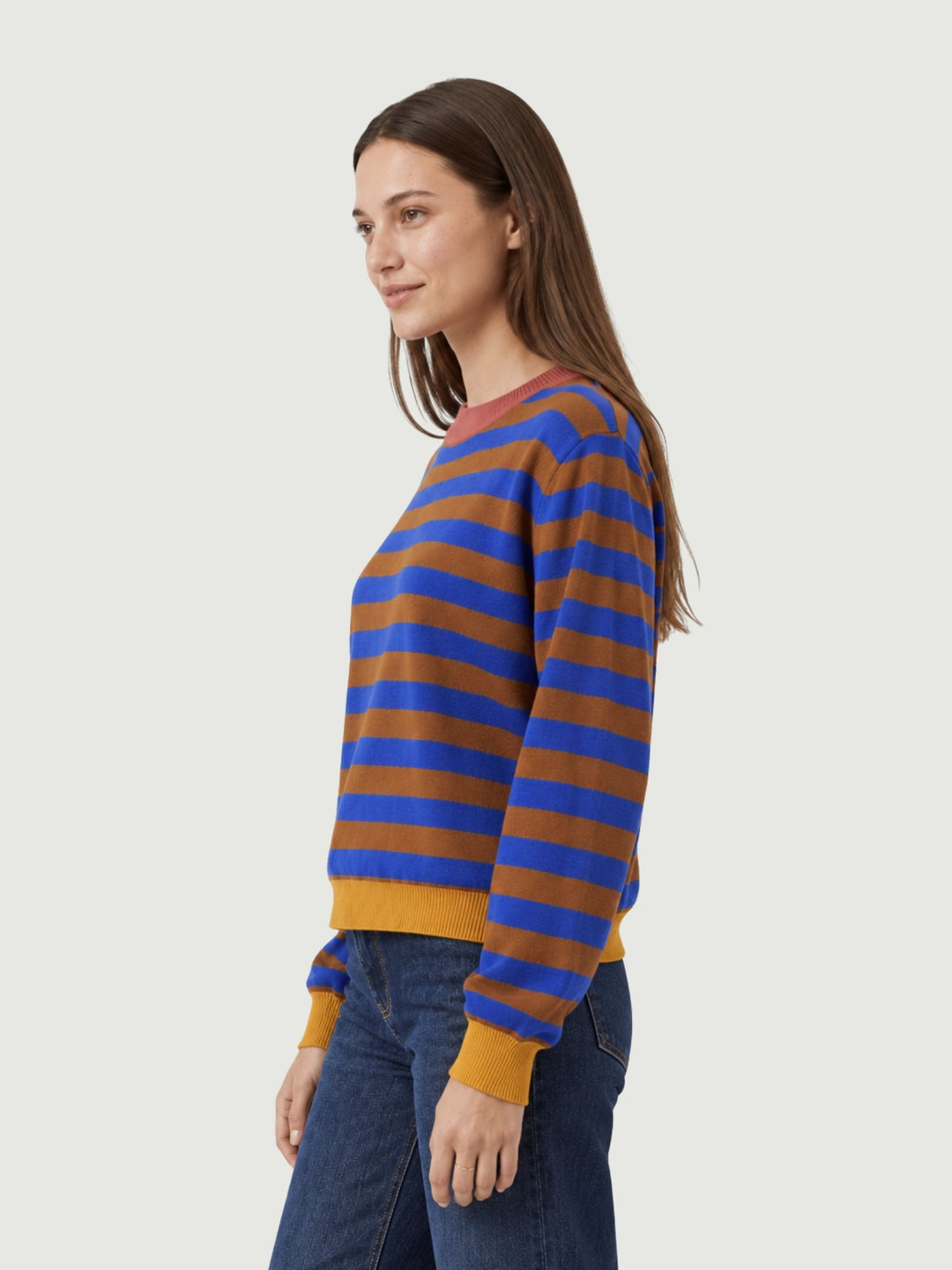 Maglia girocollo a righe orizzontali blu elettrico e marrone 556FUNN231 75 ANDREA MORANDO 