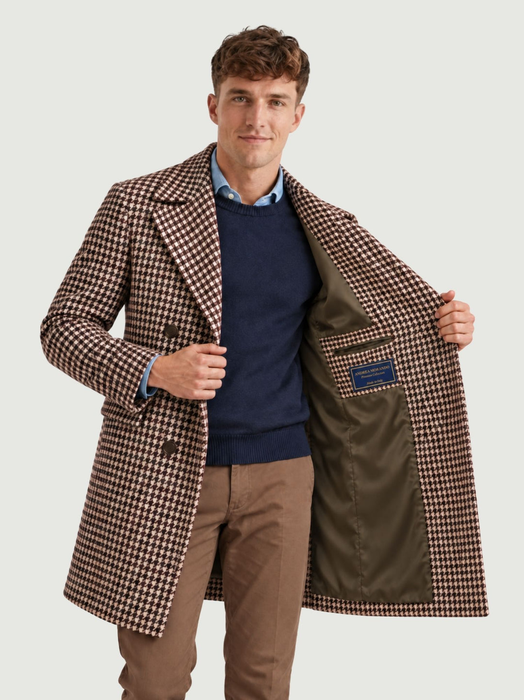 Cappotto doppiopetto pied de poule beige, rosso e verde K011PL0303M 5003 ANDREA MORANDO 