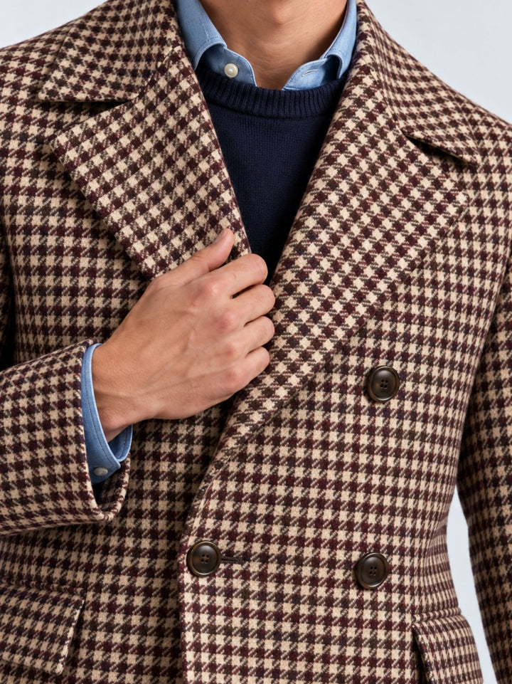 Cappotto doppiopetto pied de poule beige, rosso e verde K011PL0303M 5003 ANDREA MORANDO 