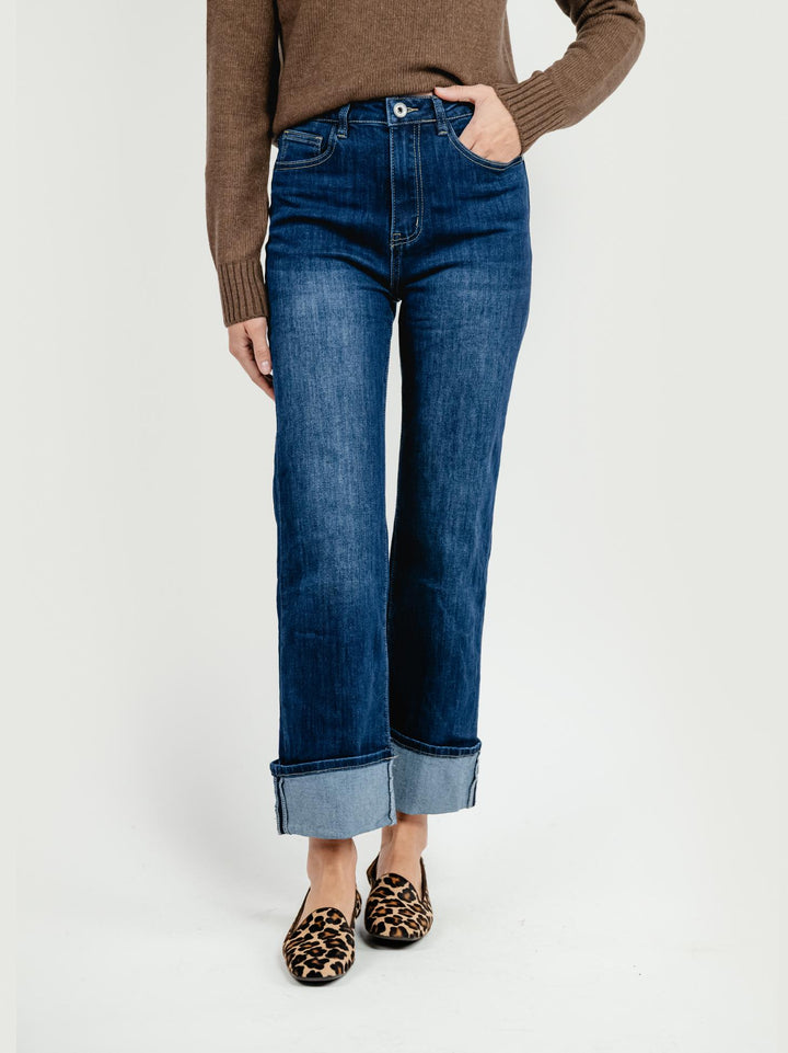 JEANS A PALAZZO CON RISVOLTO LAVAGGIO SCURO