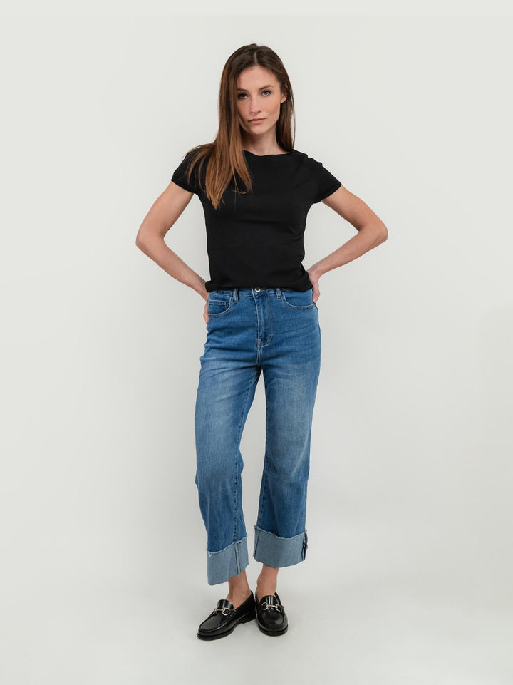 JEANS A PALAZZO CON RISVOLTO