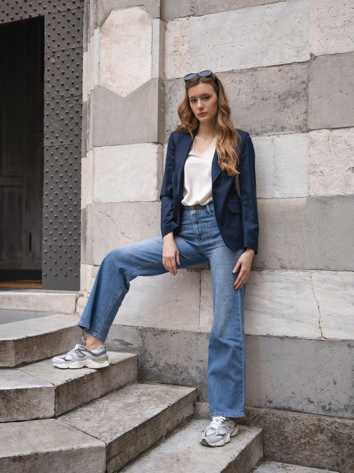 JEANS A PALAZZO CON TASCHE APPLICATE FRONTALI