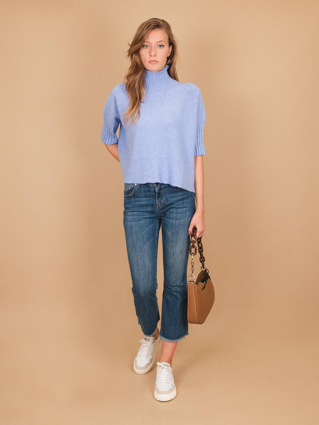 LUPETTO IN MAGLIA OVER CON MANICA TRE QUARTI AZZURRO