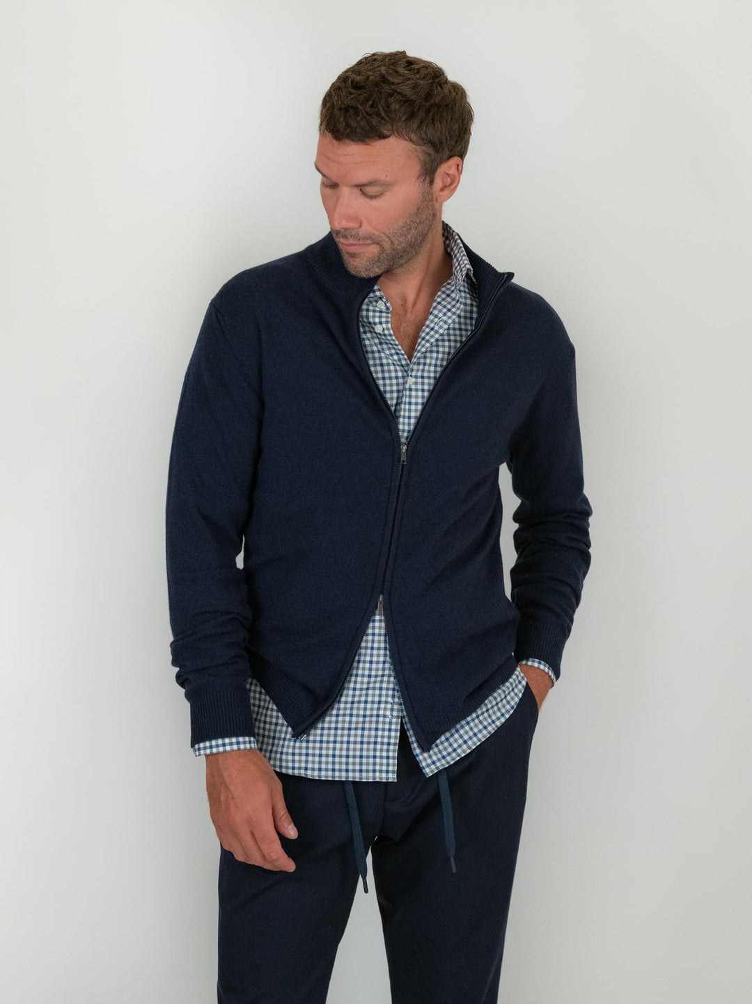 MAGLIA CON ZIP IN LANA MERINO BLU