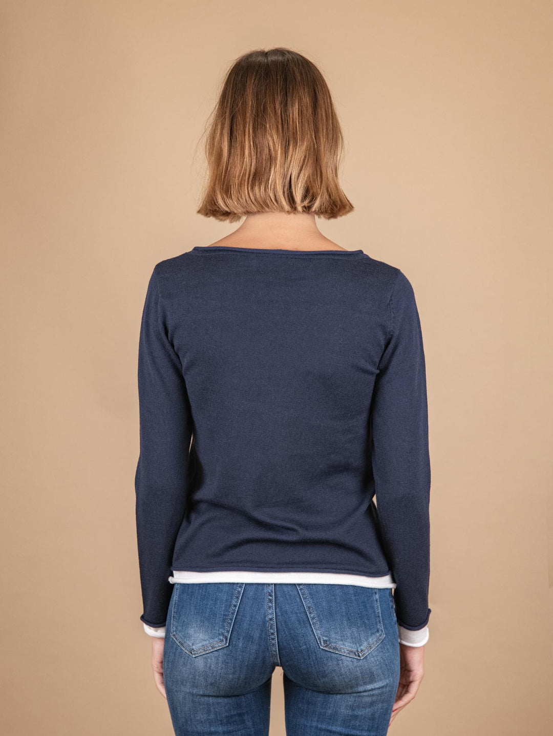 MAGLIA SCOLLO A BARCA BICOLORE BLU E BIANCA