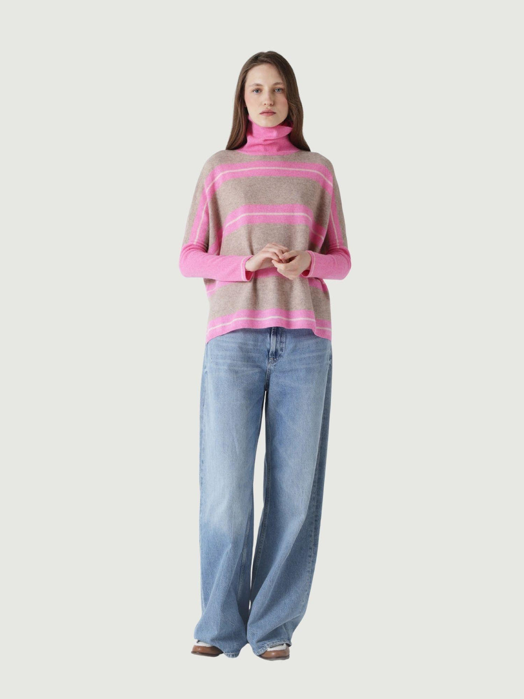 MAGLIONE JOANNA IN CASHMERE A RIGHE ROSA