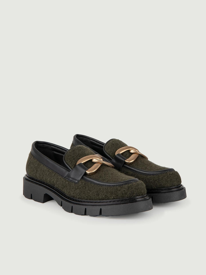 MOCASSINO IN LANA COTTA VERDE CON APPLICAZIONE ORO