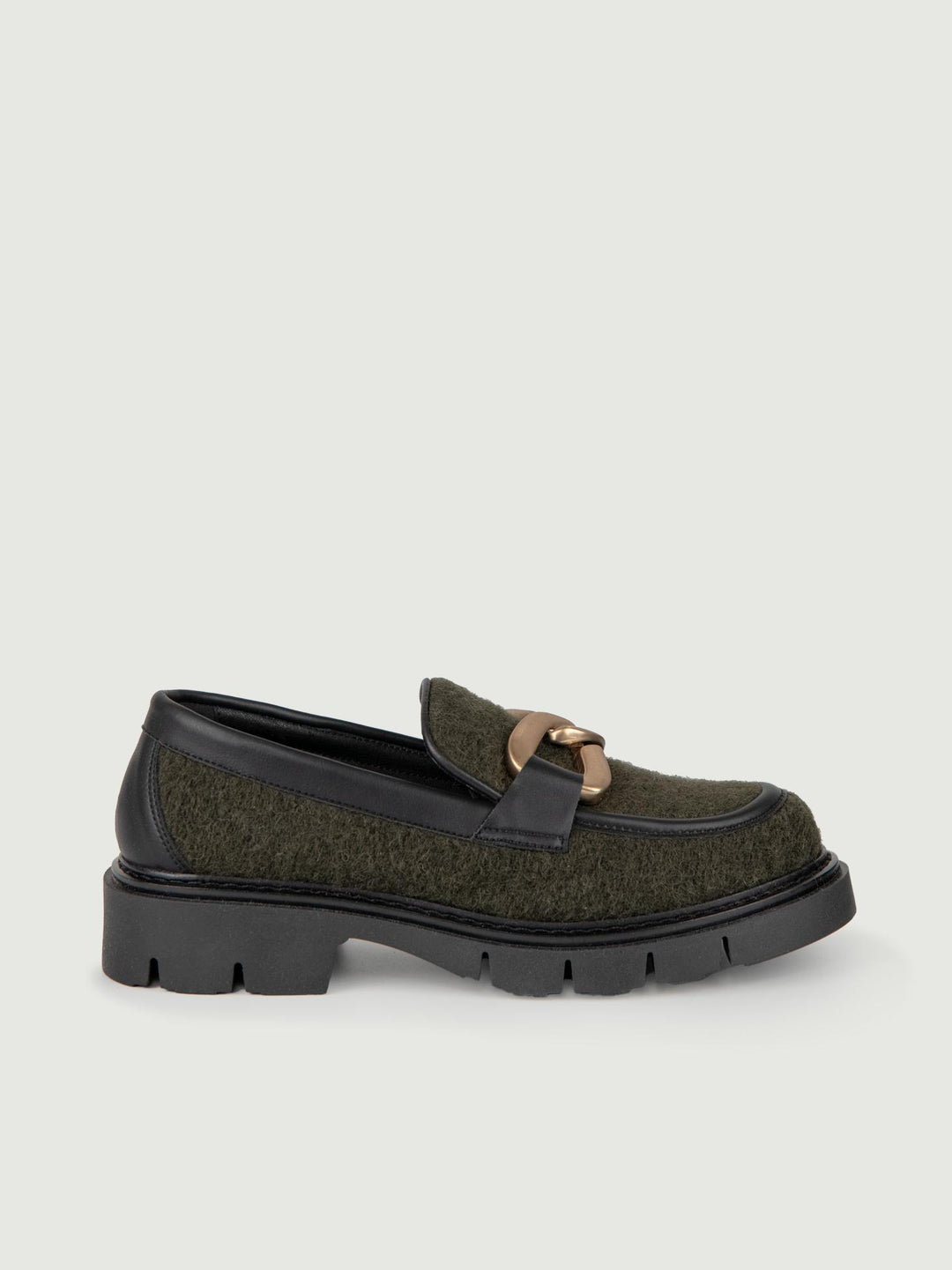 MOCASSINO IN LANA COTTA VERDE CON APPLICAZIONE ORO