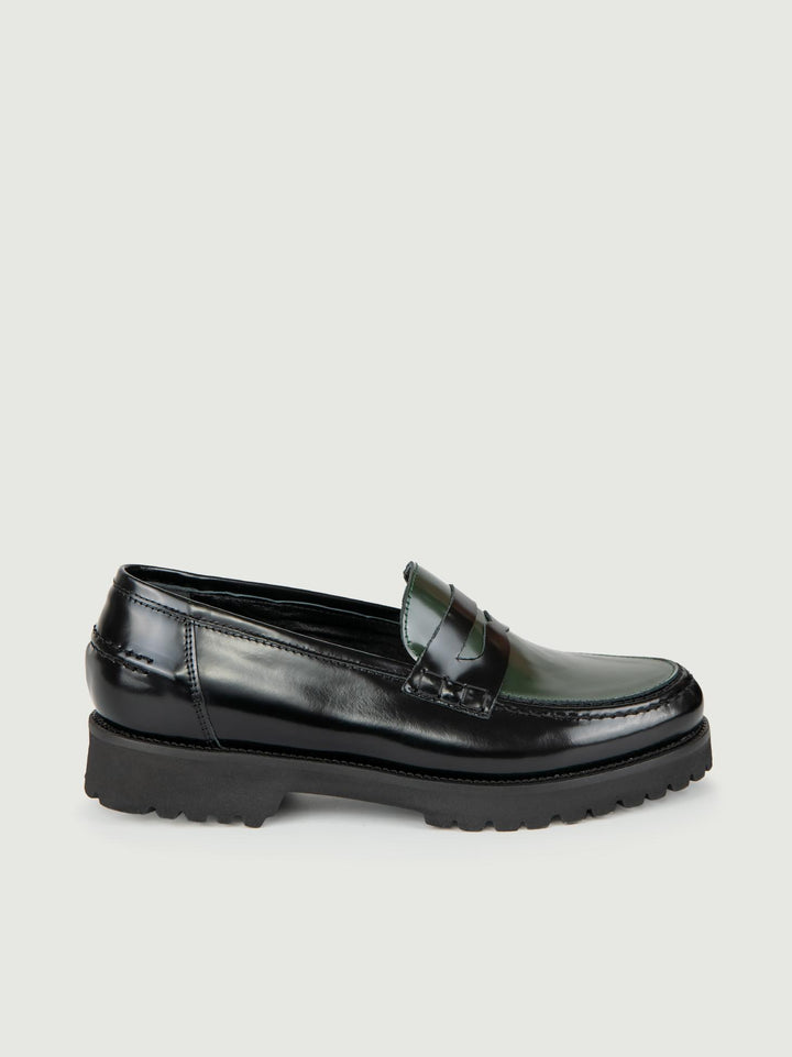 MOCASSINO PENNY IN PELLE NERA E VERDE
