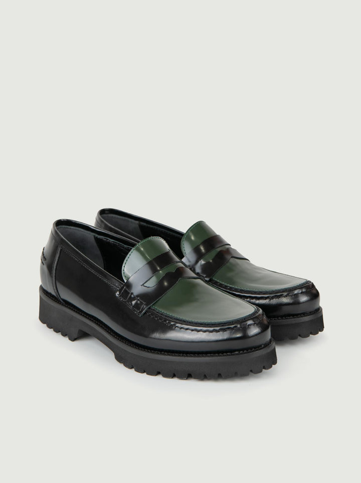 MOCASSINO PENNY IN PELLE NERA E VERDE
