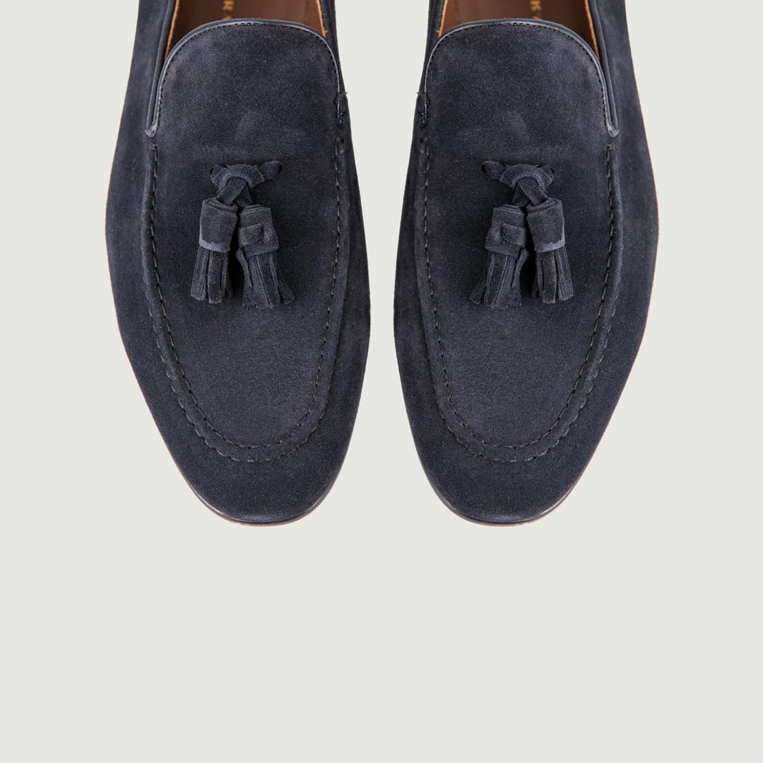 MOCASSINO SCAMOSCIATO CON NAPPINE BLU