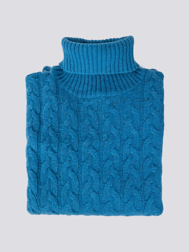 Maglione a collo alto con intreccio in lana turchese
