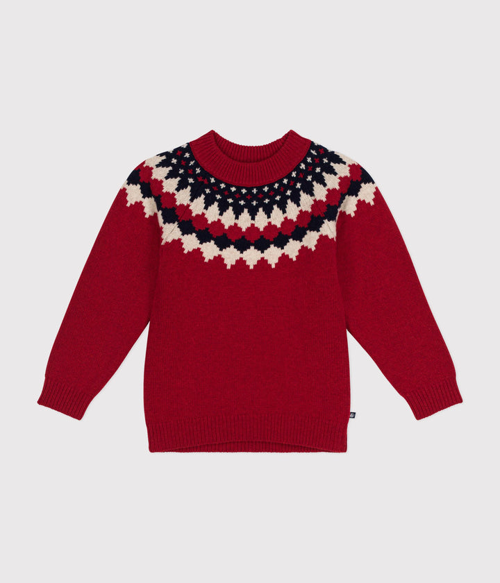 Maglione jacquard rosso con stampa in lana e cotone