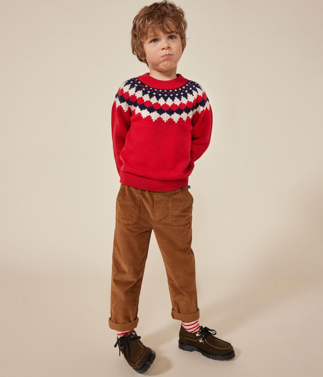 Maglione jacquard rosso con stampa in lana e cotone