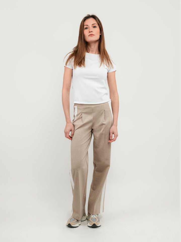 PANTALONE A PALAZZO BEIGE CON INSERTI LATERALI PANNA