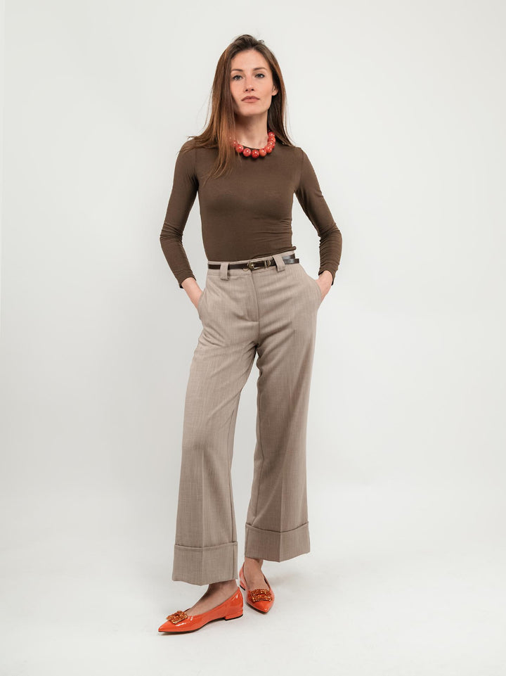PANTALONE A PALAZZO BEIGE CON MAXI RISVOLTO
