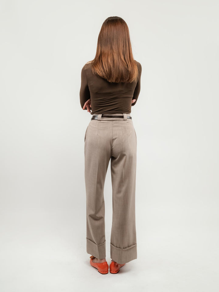 PANTALONE A PALAZZO BEIGE CON MAXI RISVOLTO