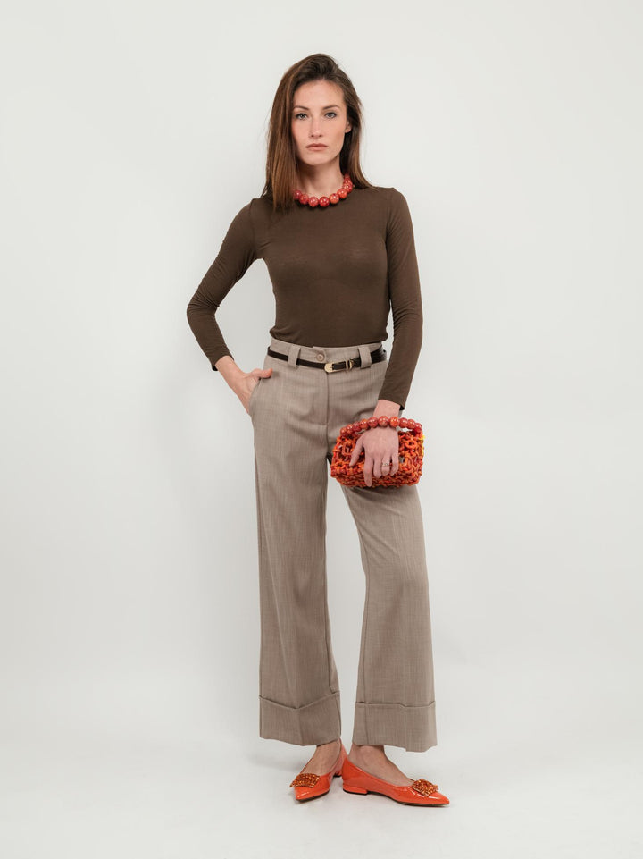 PANTALONE A PALAZZO BEIGE CON MAXI RISVOLTO