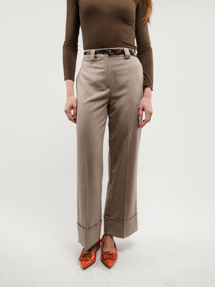 PANTALONE A PALAZZO BEIGE CON MAXI RISVOLTO