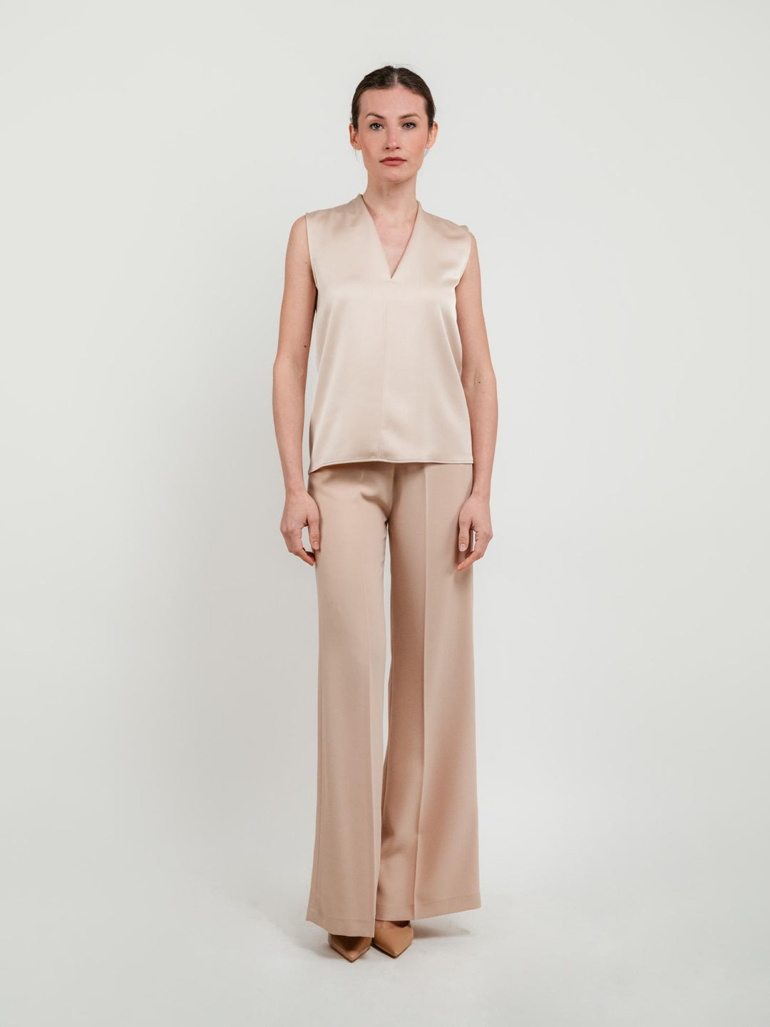 PANTALONE A PALAZZO BEIGE CON VITA ELASTICIZZATA