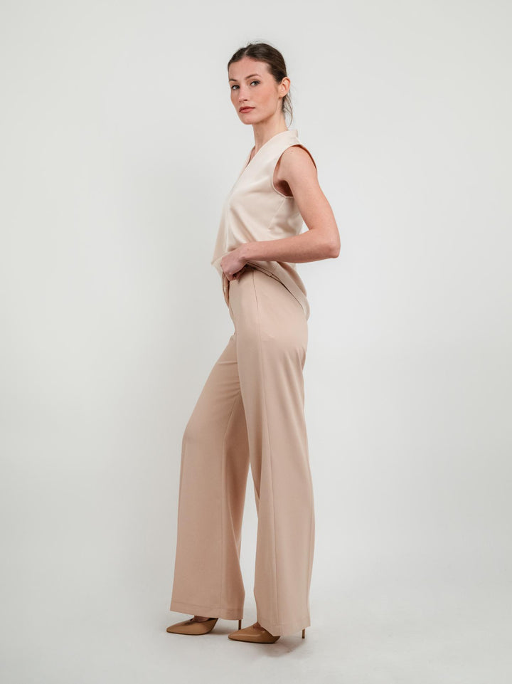 PANTALONE A PALAZZO BEIGE CON VITA ELASTICIZZATA