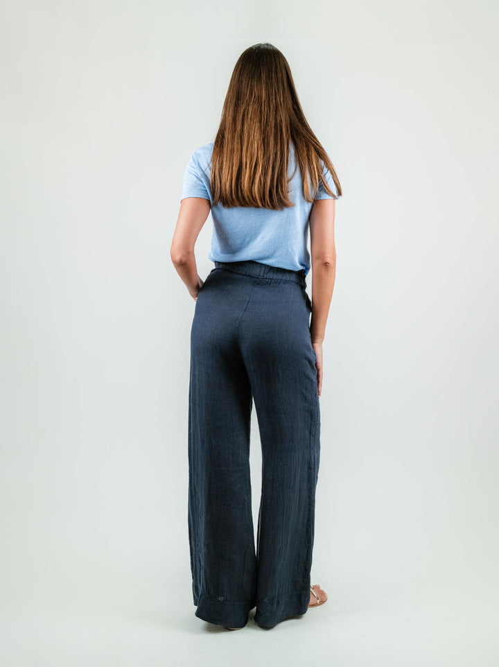 PANTALONE A PALAZZO IN LINO BLU