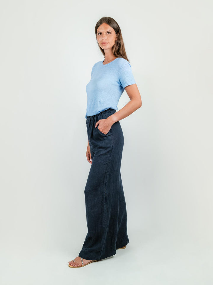 PANTALONE A PALAZZO IN LINO BLU