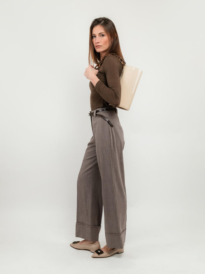 PANTALONE A PALAZZO MARRONE CON MAXI RISVOLTO