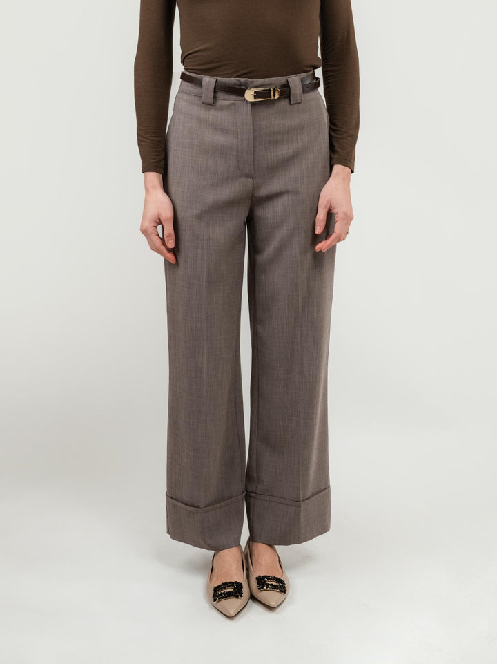 PANTALONE A PALAZZO MARRONE CON MAXI RISVOLTO